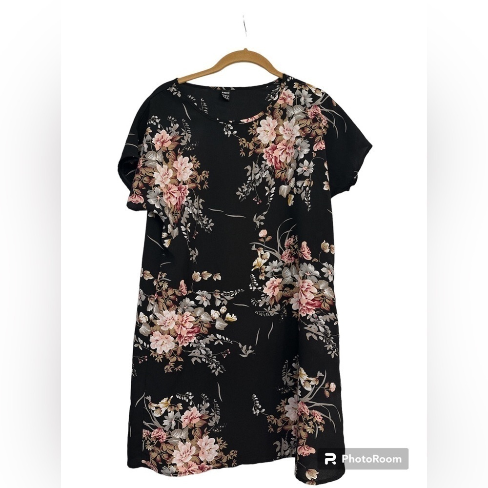 Womens Black Floral Round Neck Batwing Sleeve Tunic Dress Short Small spring